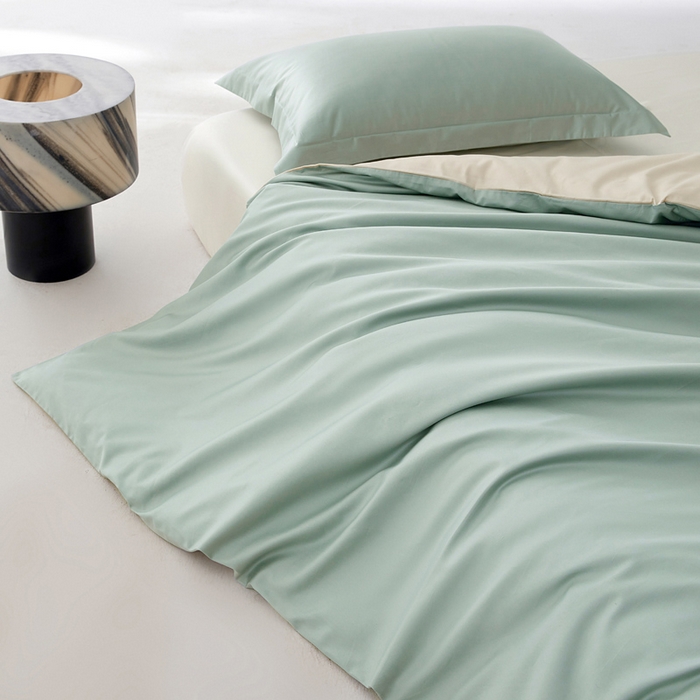 91家纺网 家纺一手货源 找家纺 轩和家居 2024新款简约纯色50s长绒棉贡缎四件套 薄荷绿+浅香槟