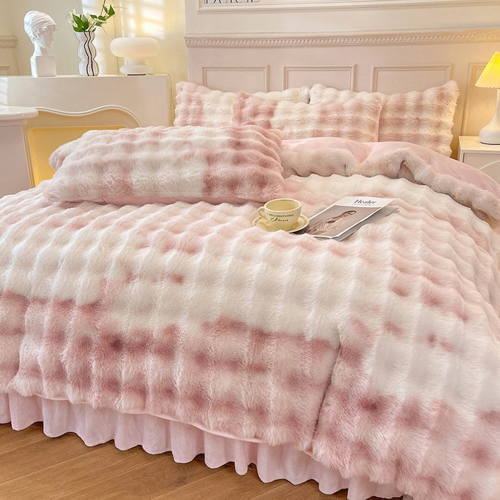 91家纺网 家纺一手货源 找家纺 欧冠家纺 2024秋冬新款纯色泡泡绒和七彩泡泡床裙款四件套 七彩-少女粉