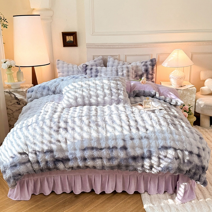 91家纺网 家纺一手货源 找家纺 欧冠家纺 2024秋冬新款纯色泡泡绒和七彩泡泡床裙款四件套 七彩-梦幻紫