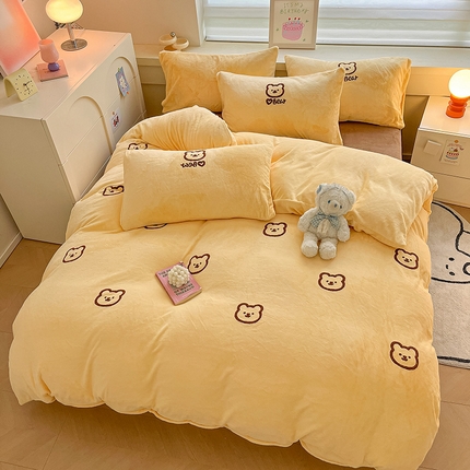 雅居纺家纺 2024新款高克重牛奶绒毛巾绣四件套 小熊-黄咖