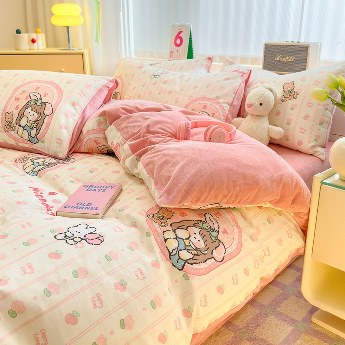 91家纺网 家纺一手货源 找家纺 清雅福 2024新款小清新ins棉加绒印花四件套系列-棉绒风格二 小公主