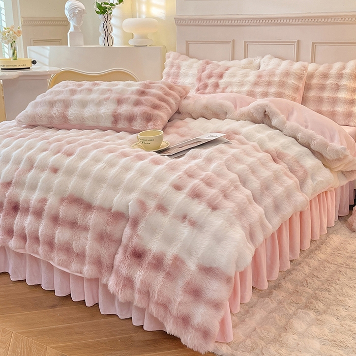 91家纺网 家纺一手货源 找家纺 欧冠家纺 2024秋冬新款纯色泡泡绒和七彩泡泡床裙款四件套 七彩-少女粉