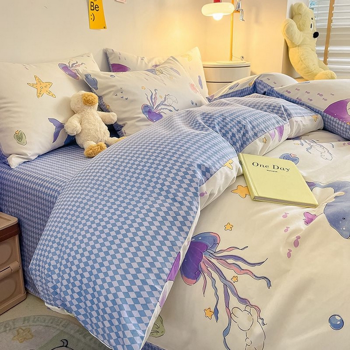 91家纺网 家纺一手货源 找家纺 麦伦家居 2024全棉斜纹13372小清新碎花卡通系列四件套 海底世界