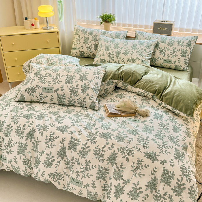 91家纺网 家纺一手货源 找家纺 清雅福 2024新款小清新ins棉加绒印花四件套系列-棉绒风格二 绿意黯然