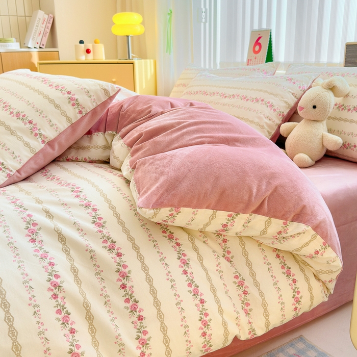 91家纺网 家纺一手货源 找家纺 清雅福 2024新款小清新ins棉加绒印花四件套系列-棉绒风格二 玫瑰物语