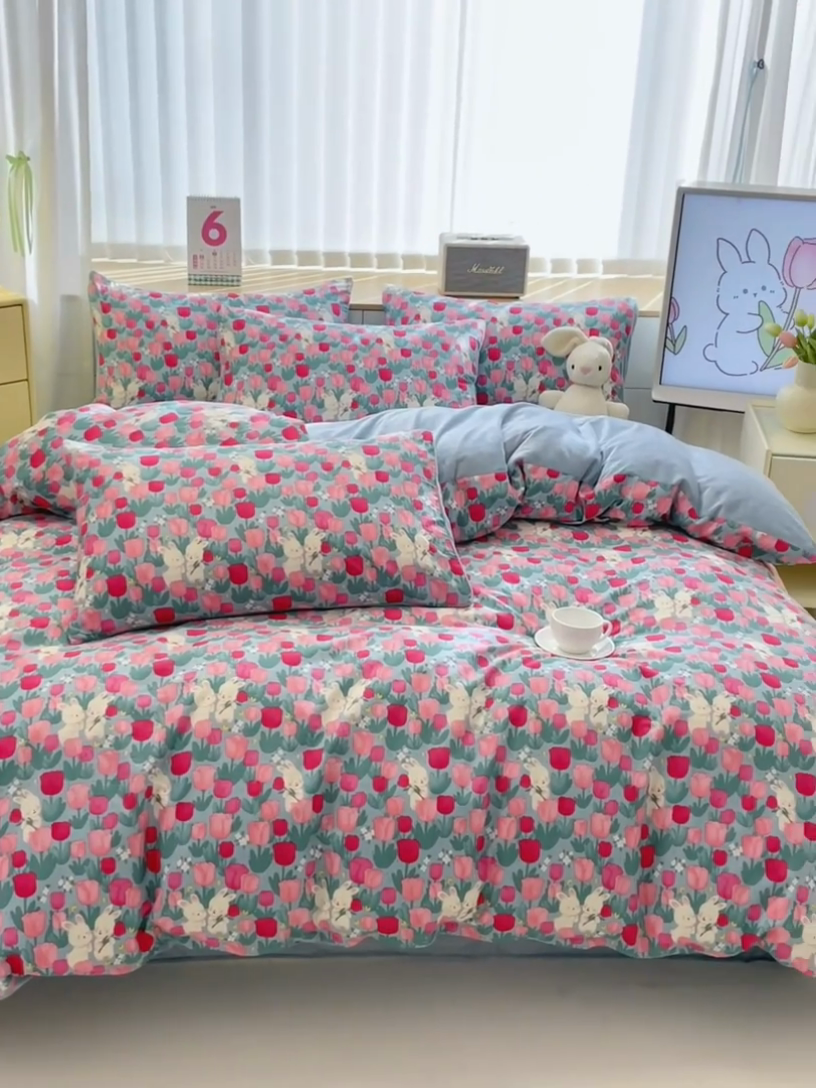 91家纺网 家纺一手货源 找家纺 清雅福 2024新款小清新ins棉加绒印花四件套系列-棉绒风格二 爱情兔