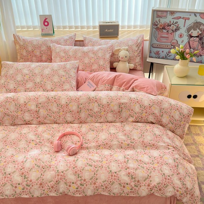 91家纺网 家纺一手货源 找家纺 清雅福 2024新款小清新ins棉加绒印花四件套系列-棉绒风格二 恋语