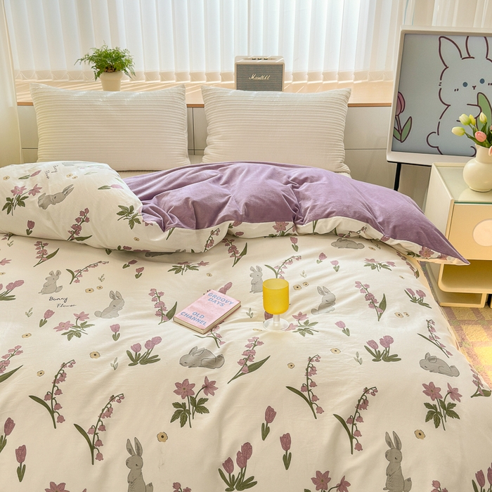 91家纺网 家纺一手货源 找家纺 清雅福 2024新款小清新ins棉加绒印花四件套系列-棉绒风格二 紫色花铃