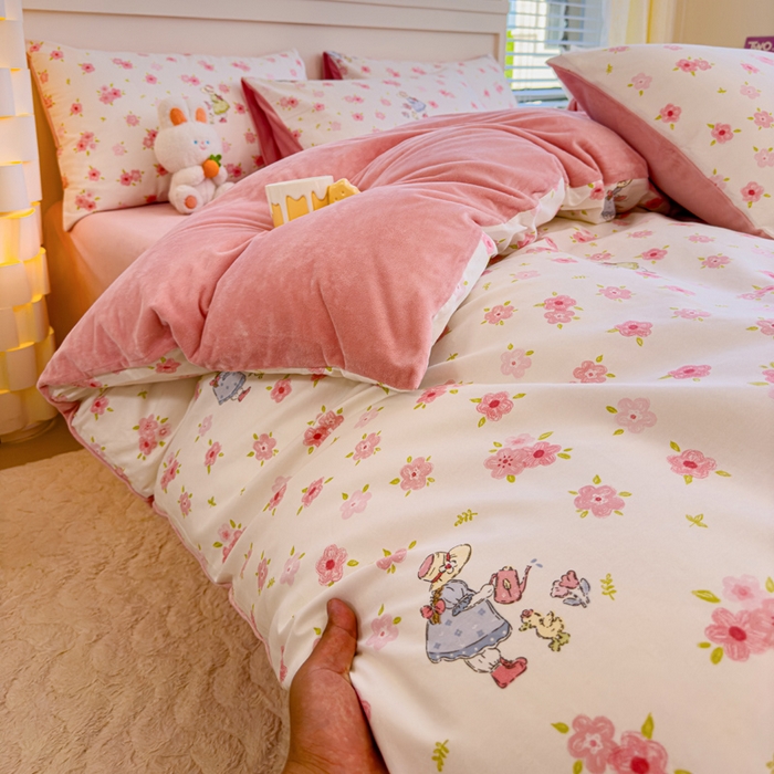 91家纺网 家纺一手货源 找家纺 清雅福 2024新款小清新ins棉加绒印花四件套系列-棉绒风格一 棉绒美丽人生