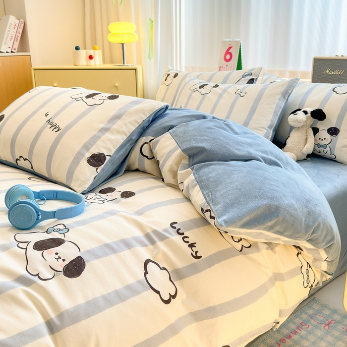 91家纺网 家纺一手货源 找家纺 清雅福 2024新款小清新ins棉加绒印花四件套系列-棉绒风格二 条纹狗狗