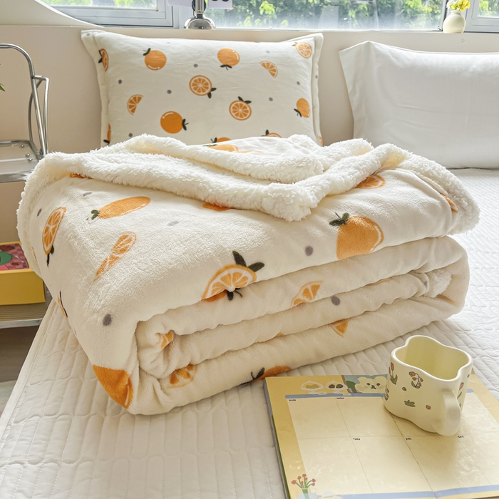 91家纺网 家纺一手货源 找家纺 沐慕 2024新款AB版牛奶绒拼羊羔绒毛毯毯子 毛毯-小橙子