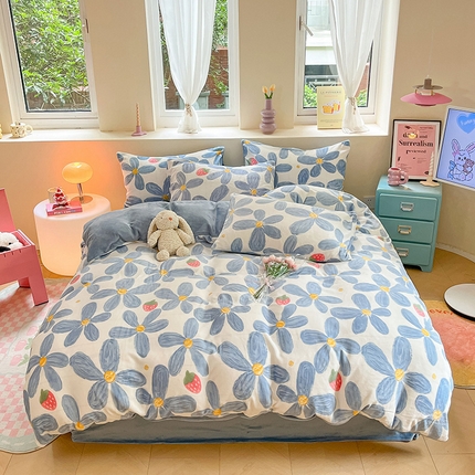 雅居纺家纺 2024新款高克重印花牛奶绒四件套 蓝墨花朵