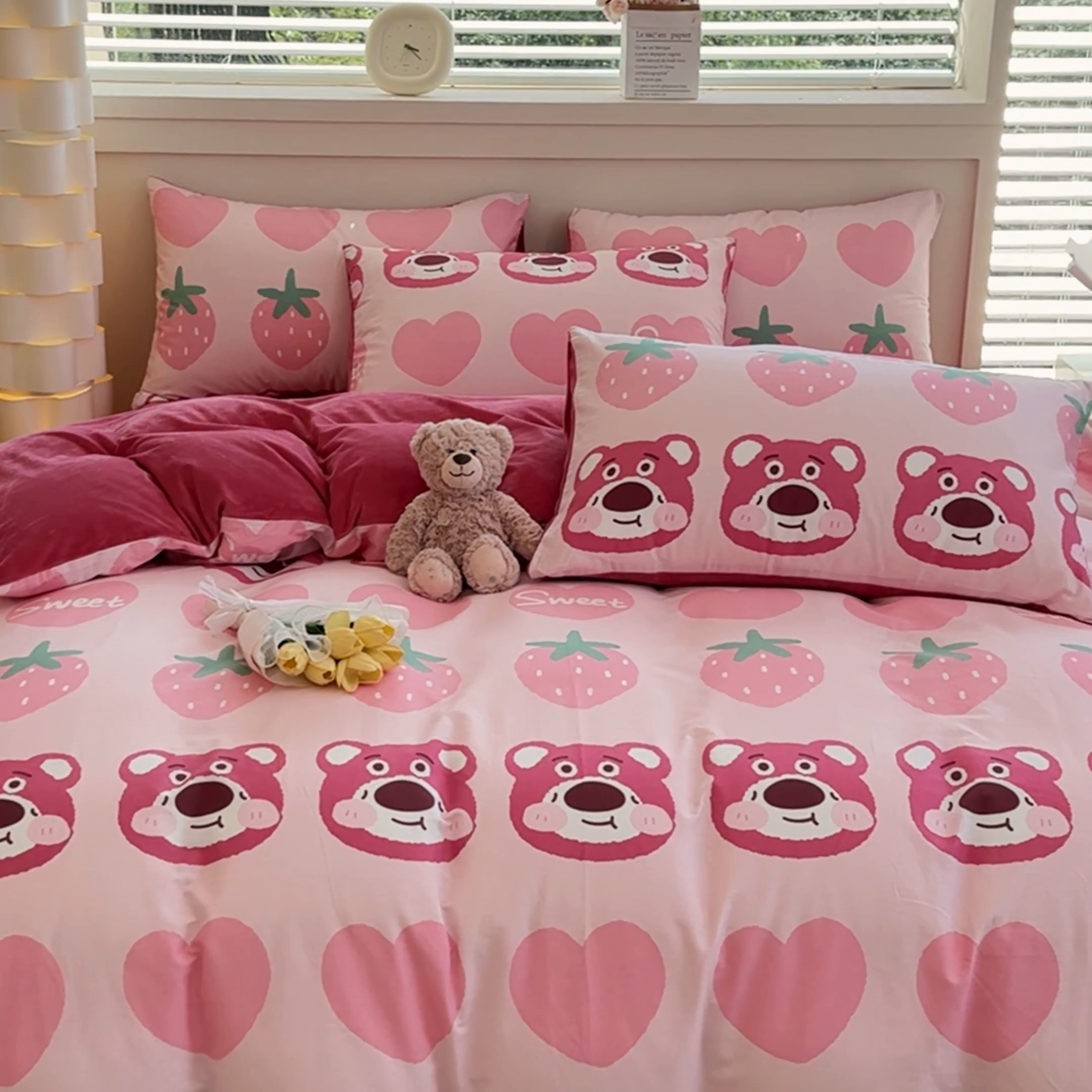 91家纺网 家纺一手货源 找家纺 清雅福 2024新款小清新ins棉加绒印花四件套系列-棉绒风格一 棉绒甜心熊