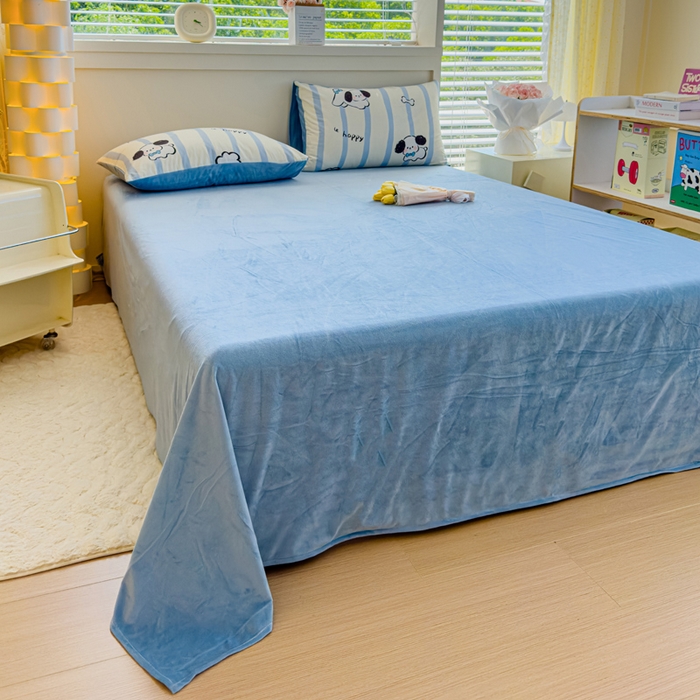 91家纺网 家纺一手货源 找家纺 清雅福 2024新款小清新ins棉加绒印花四件套系列-棉绒风格一 棉绒条纹狗狗