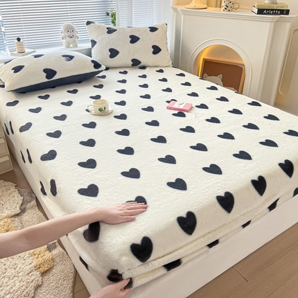 雅居纺家纺 2024新款300克兔毛印花单床笠 单枕套 爱心-灰