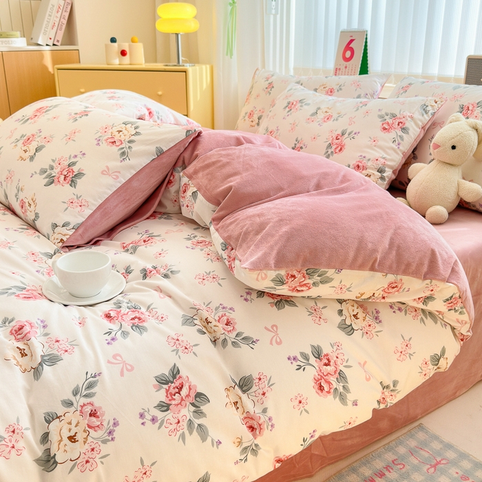 91家纺网 家纺一手货源 找家纺 清雅福 2024新款小清新ins棉加绒印花四件套系列-棉绒风格二 肉桂乌龙