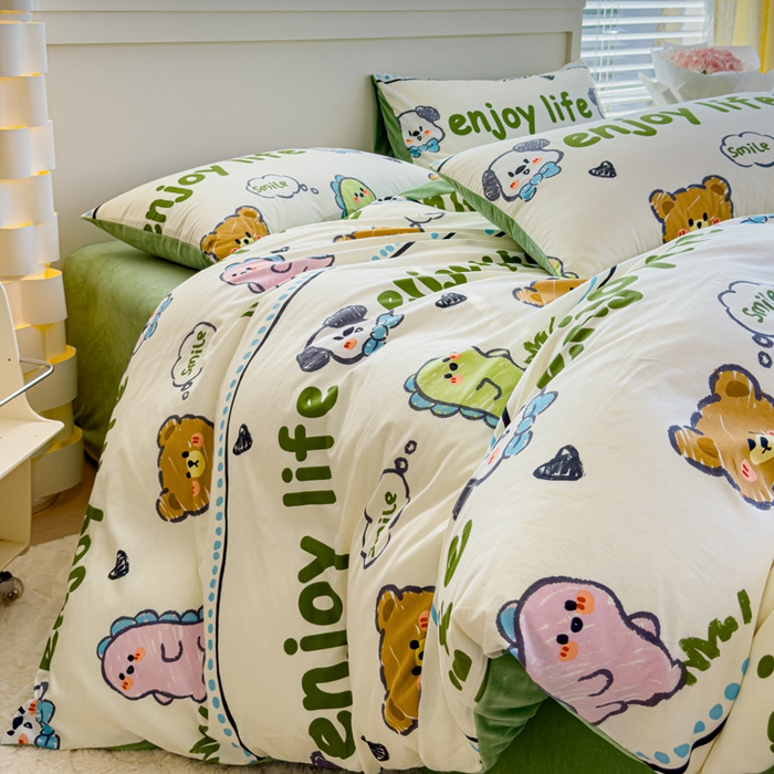 91家纺网 家纺一手货源 找家纺 清雅福 2024新款小清新ins棉加绒印花四件套系列-棉绒风格一 棉绒哈哈乐园