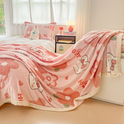 沐慕 2024新款加厚雪花绒菠萝格宽幅包边毛毯 毛毯-花花粉兔