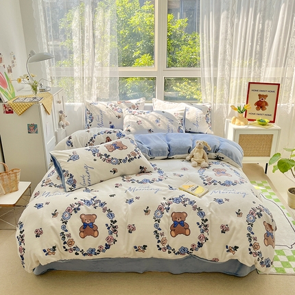 雅居纺家纺 2024新款高克重印花牛奶绒四件套 甜蜜的爱