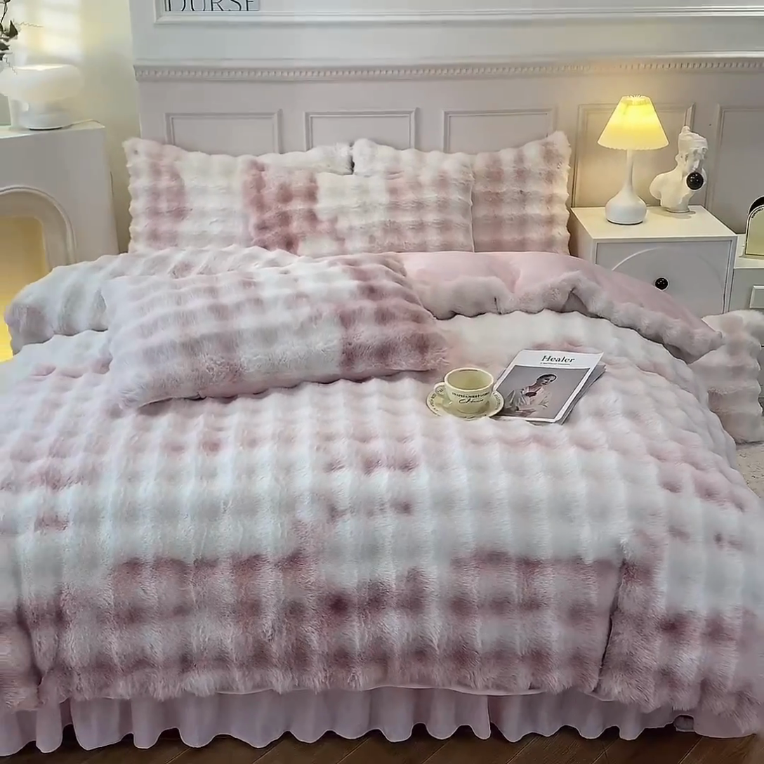 91家纺网 家纺一手货源 找家纺 欧冠家纺 2024秋冬新款纯色泡泡绒和七彩泡泡床裙款四件套 七彩-少女粉