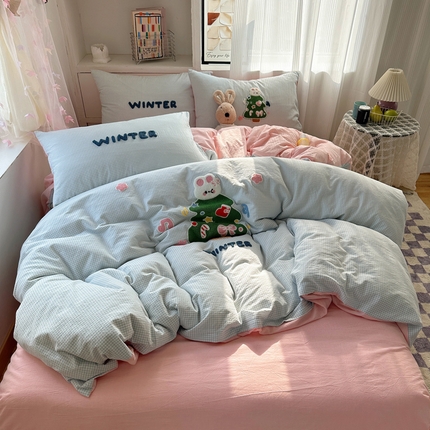 桃子家居 2024新款A类ins纯棉色织水洗棉毛巾绣可爱卡通系列四件套 棉毛巾绣-圣诞花兔