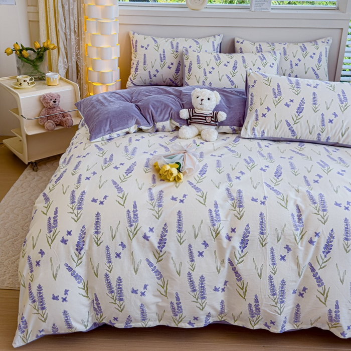 91家纺网 家纺一手货源 找家纺 清雅福 2024新款小清新ins棉加绒印花四件套系列-棉绒风格一 棉绒紫瑶