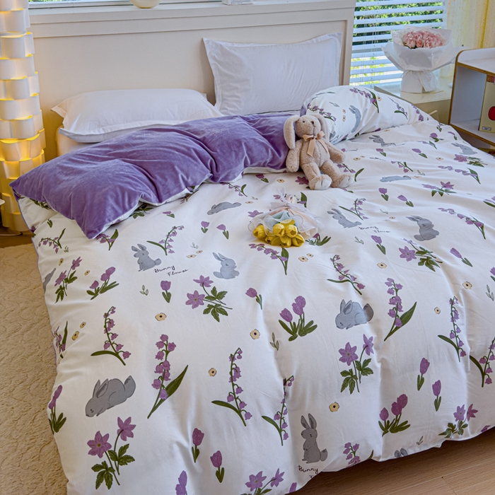 91家纺网 家纺一手货源 找家纺 清雅福 2024新款小清新ins棉加绒印花四件套系列-棉绒风格一 棉绒紫色花铃