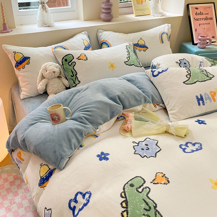 91家纺网 家纺一手货源 找家纺 雅居纺家纺 2024新款高克重印花牛奶绒四件套 开心龙