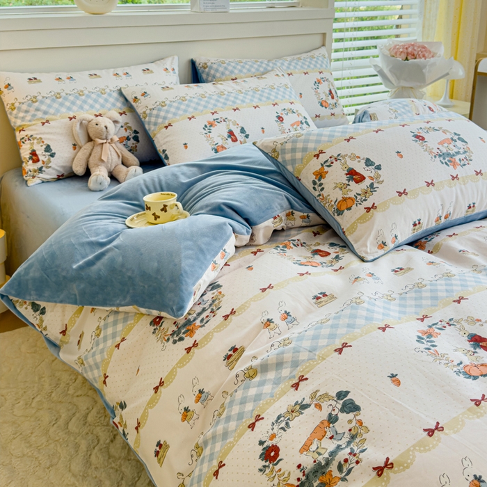 91家纺网 家纺一手货源 找家纺 清雅福 2024新款小清新ins棉加绒印花四件套系列-棉绒风格一 棉绒维西兔