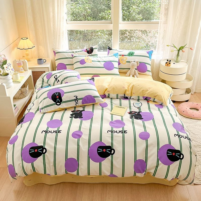 91家纺网 家纺一手货源 找家纺 麦伦家居 2024全棉斜纹13372小清新碎花卡通系列四件套 猫咪精灵