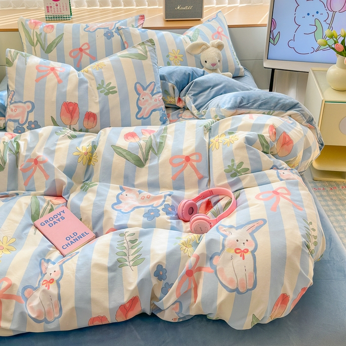 91家纺网 家纺一手货源 找家纺 清雅福 2024新款小清新ins棉加绒印花四件套系列-棉绒风格二 大白兔