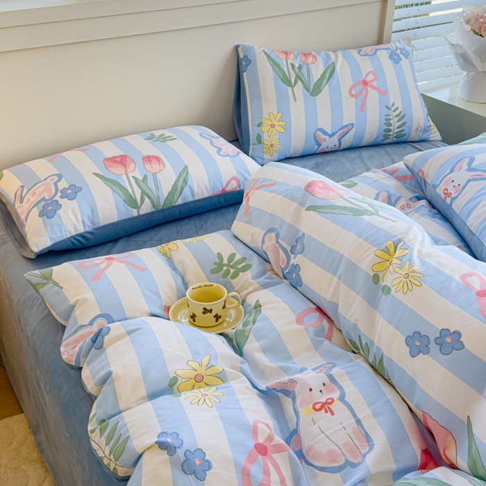 91家纺网 家纺一手货源 找家纺 清雅福 2024新款小清新ins棉加绒印花四件套系列-棉绒风格一 棉绒大白兔