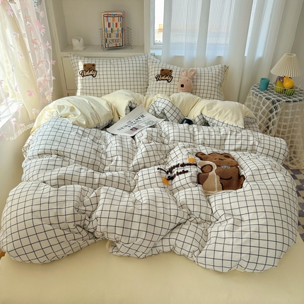 91家纺网 家纺一手货源 找家纺 （总）桃子家居 2024新款A类ins纯棉色织水洗棉毛巾绣可爱卡通系列四件套