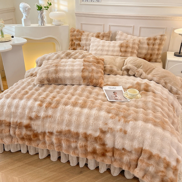 91家纺网 家纺一手货源 找家纺 欧冠家纺 2024秋冬新款纯色泡泡绒和七彩泡泡床裙款四件套 七彩-奶咖色