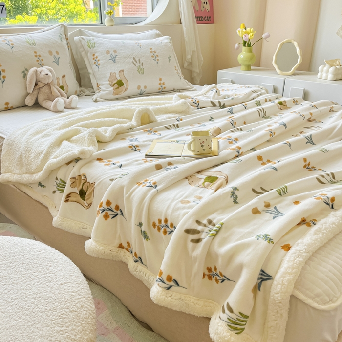 91家纺网 家纺一手货源 找家纺 沐慕 2024新款AB版牛奶绒拼羊羔绒毛毯毯子 毛毯-田园松鼠