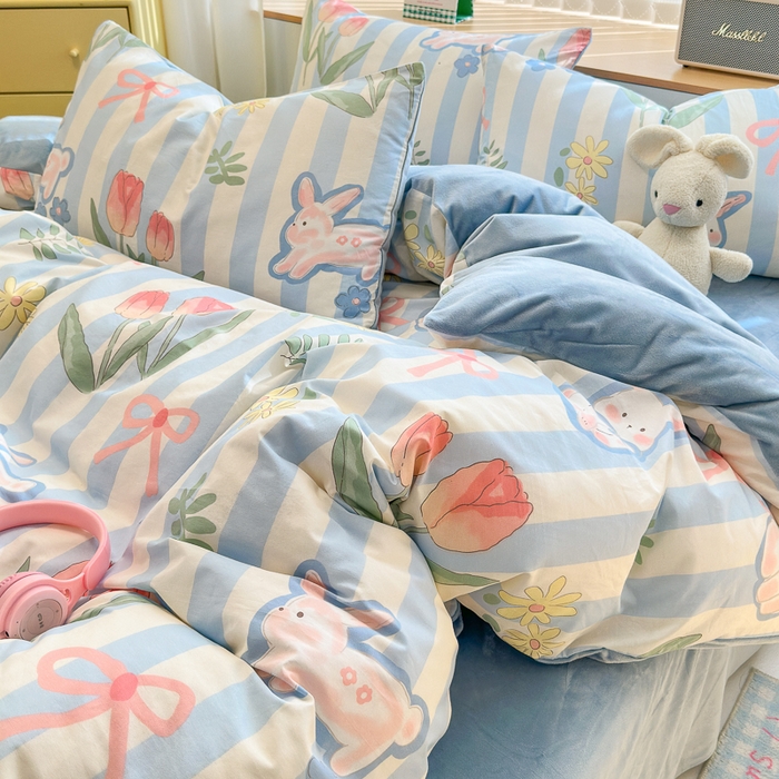 91家纺网 家纺一手货源 找家纺 清雅福 2024新款小清新ins棉加绒印花四件套系列-棉绒风格二 大白兔