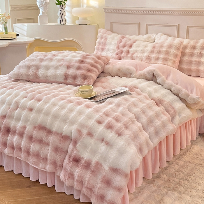 91家纺网 家纺一手货源 找家纺 欧冠家纺 2024秋冬新款纯色泡泡绒和七彩泡泡床裙款四件套 七彩-少女粉