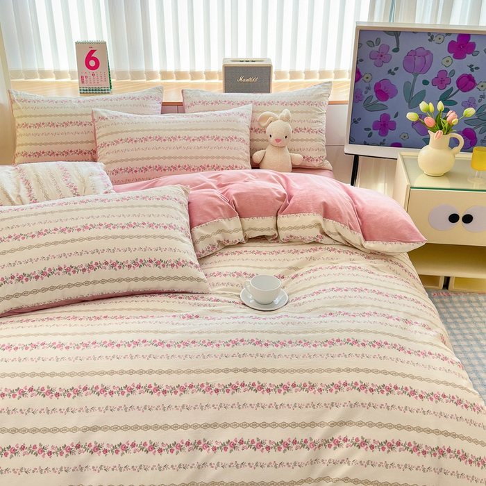 91家纺网 家纺一手货源 找家纺 清雅福 2024新款小清新ins棉加绒印花四件套系列-棉绒风格二 玫瑰物语