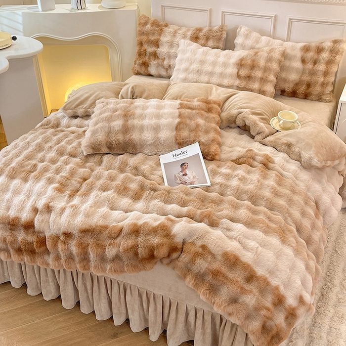 91家纺网 家纺一手货源 找家纺 欧冠家纺 2024秋冬新款纯色泡泡绒和七彩泡泡床裙款四件套 七彩-奶咖色