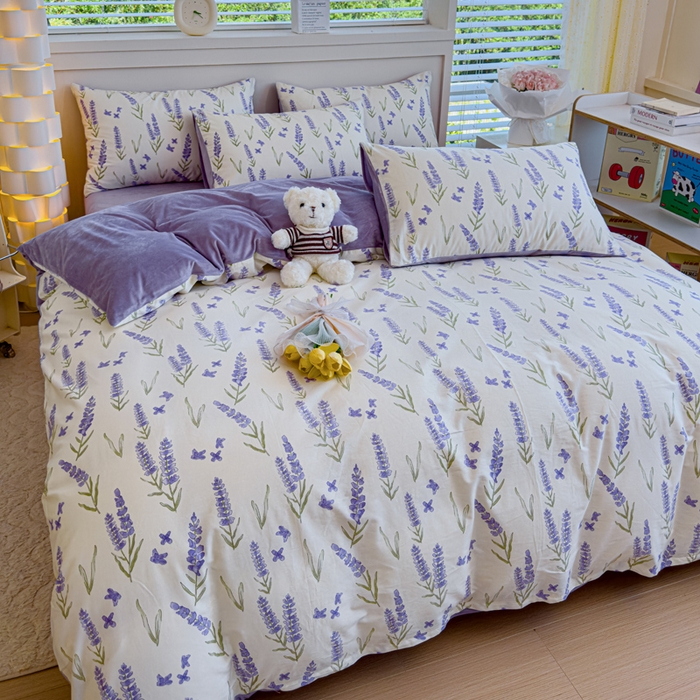 91家纺网 家纺一手货源 找家纺 清雅福 2024新款小清新ins棉加绒印花四件套系列-棉绒风格一 棉绒紫瑶