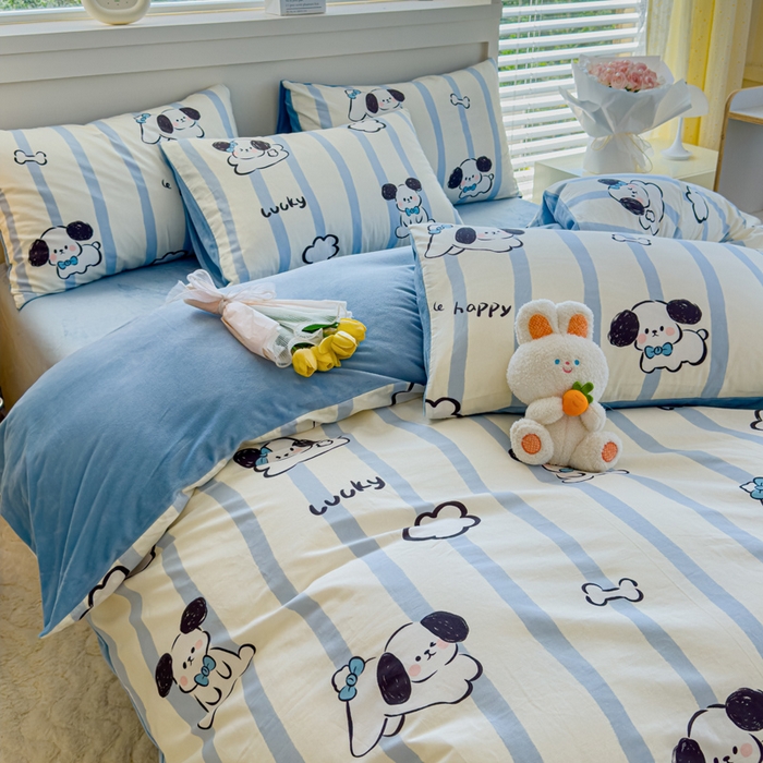 91家纺网 家纺一手货源 找家纺 清雅福 2024新款小清新ins棉加绒印花四件套系列-棉绒风格一 棉绒条纹狗狗