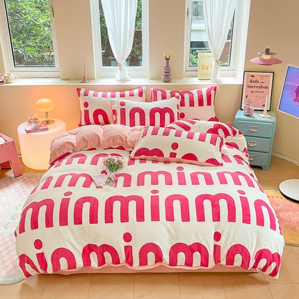 雅居纺家纺 2024新款高克重印花牛奶绒四件套 M粉