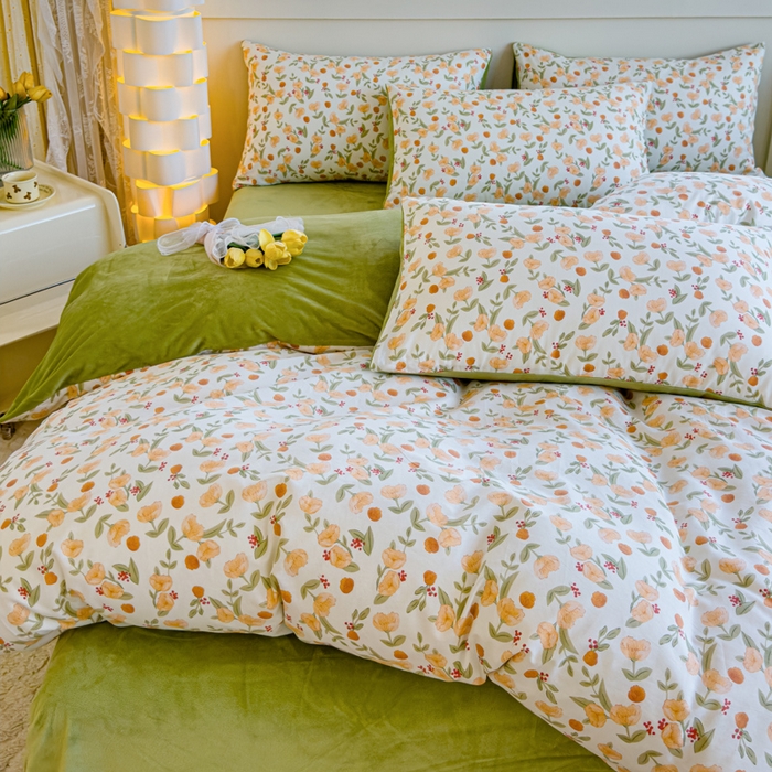 91家纺网 家纺一手货源 找家纺 清雅福 2024新款小清新ins棉加绒印花四件套系列-棉绒风格一 棉绒花千朵