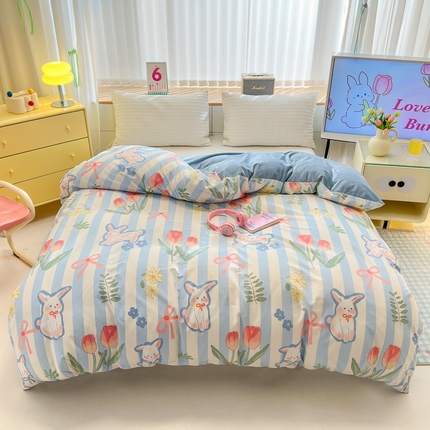 91家纺网 家纺一手货源 找家纺 清雅福 2024新款小清新ins棉加绒印花四件套系列-棉绒风格二 大白兔