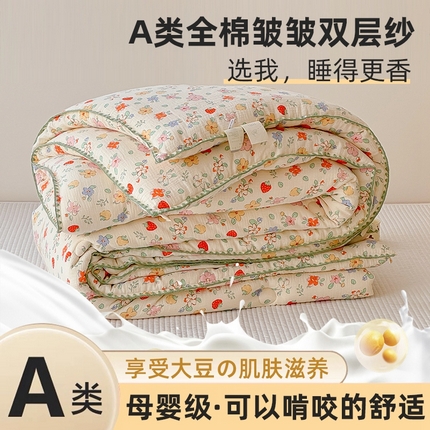 芯恋家居 2025新款秋冬款母婴级全棉皱皱双层纱大豆被春秋被加厚大豆被 草莓花朵