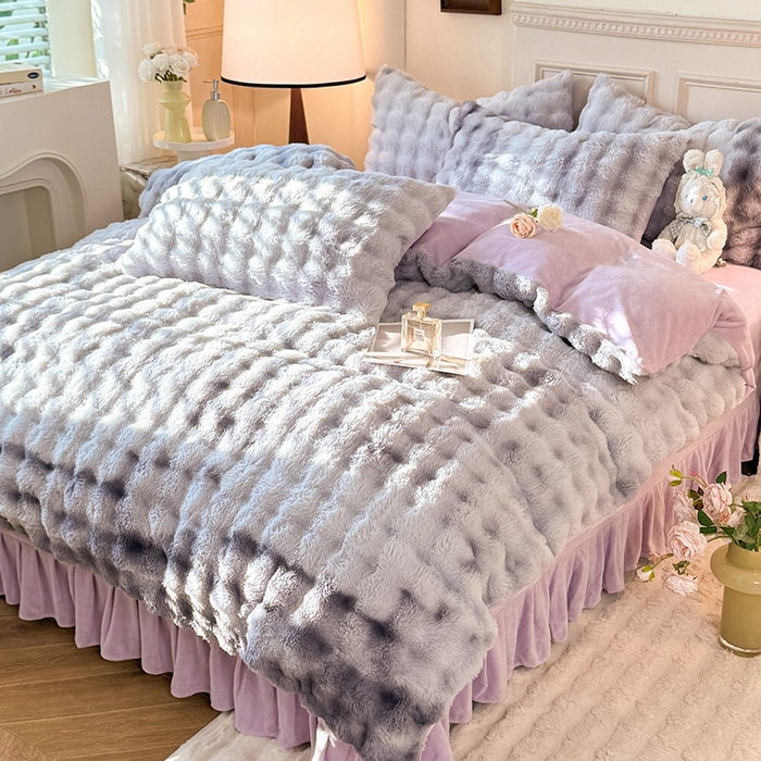 91家纺网 家纺一手货源 找家纺 欧冠家纺 2024秋冬新款纯色泡泡绒和七彩泡泡床裙款四件套 七彩-梦幻紫