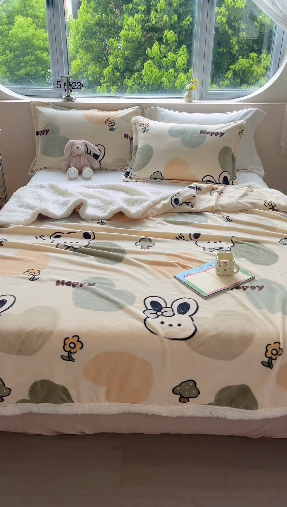 91家纺网 家纺一手货源 找家纺 沐慕 2024新款AB版牛奶绒拼羊羔绒毛毯毯子 毛毯-绿色爱心兔