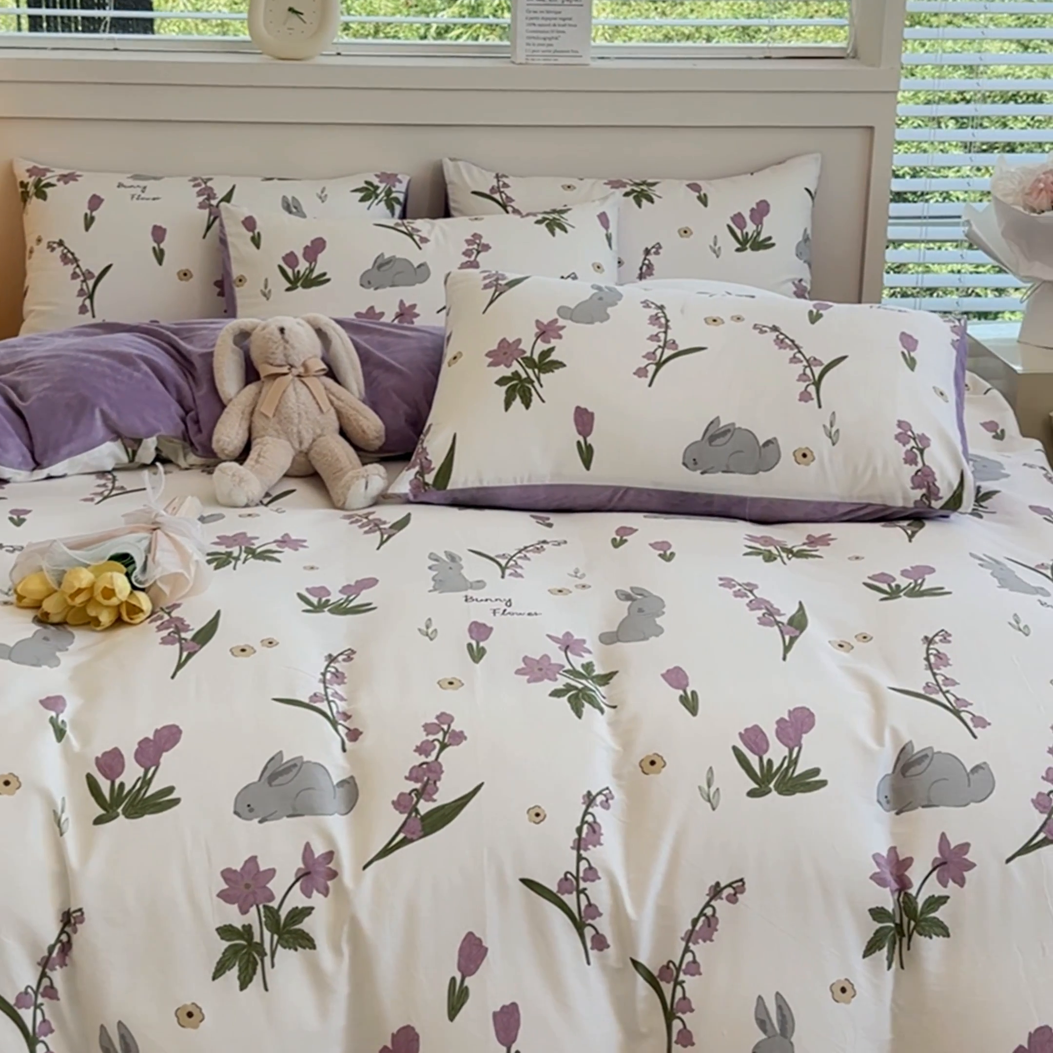 91家纺网 家纺一手货源 找家纺 清雅福 2024新款小清新ins棉加绒印花四件套系列-棉绒风格一 棉绒紫色花铃