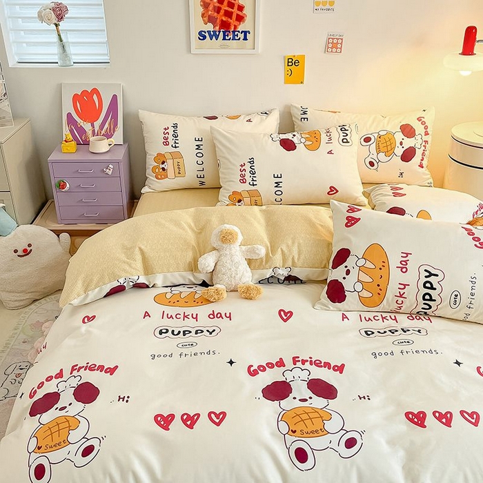 91家纺网 家纺一手货源 找家纺 麦伦家居 2024全棉斜纹13372小清新碎花卡通系列四件套 面包熊