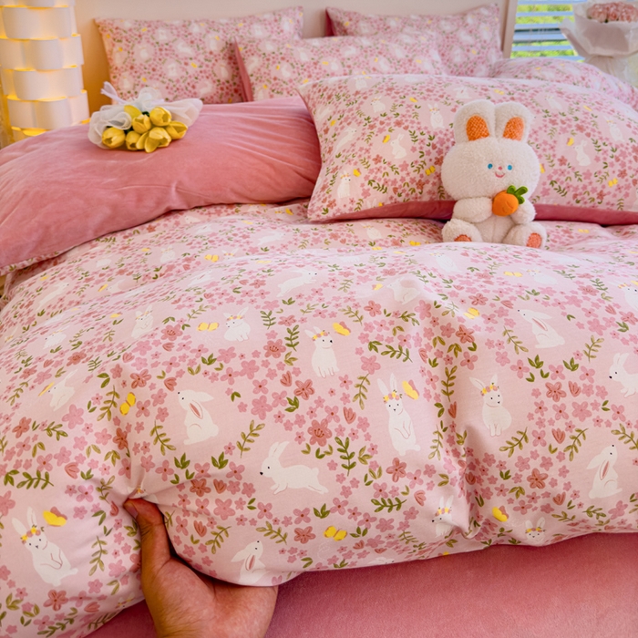 91家纺网 家纺一手货源 找家纺 清雅福 2024新款小清新ins棉加绒印花四件套系列-棉绒风格一 棉绒恋语